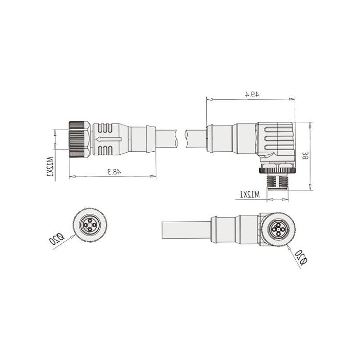 M12 4Pin T-coded, female straight turn male 90°, double end precast PUR flexible cable, black sheath, 64TD25-XXX