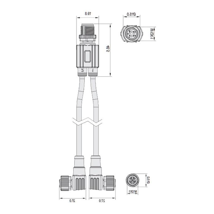 M12 4Pin male /2M12 3Pin female 90°, with LED light, IP 69K-ECOLAB, food grade, Y-shape pre-cast PVC non-flexible cable, grey sheathed, 64E423-XXX