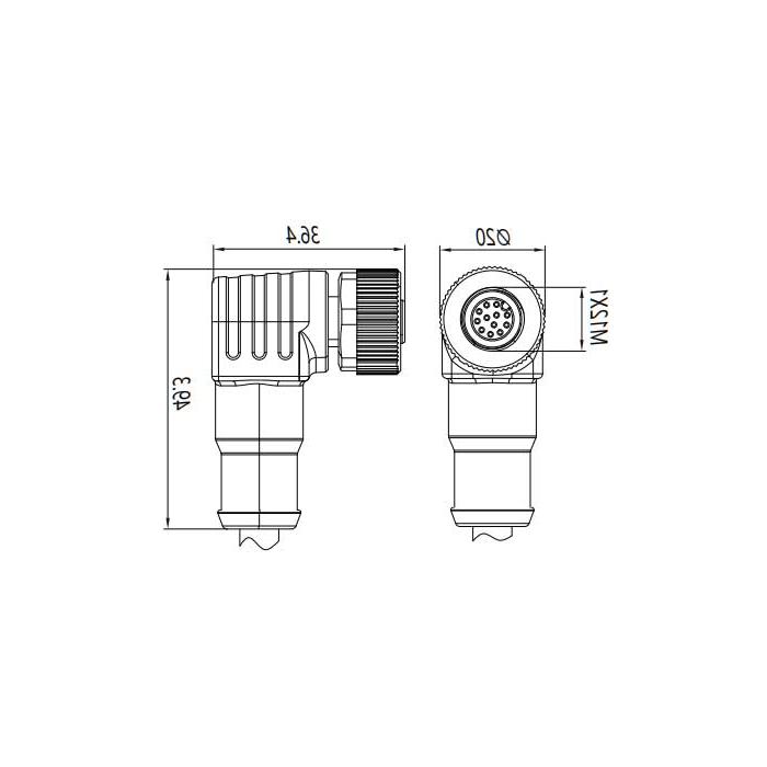 M12 12Pin, female 90°, single-end precast PUR flexible cable, black sheathed, 64S491-XXX